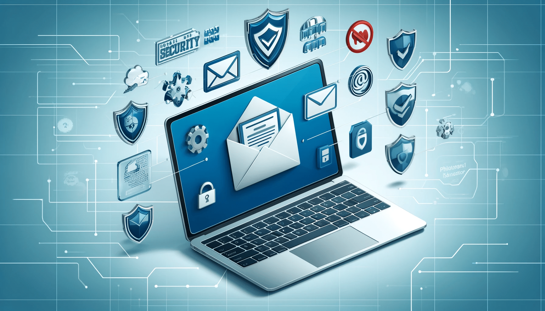 Elementos representando la seguridad del correo electrónico, con una laptop mostrando la bandeja de entrada y íconos de seguridad como un candado, un escudo y un firewall | Posiciona.Digital