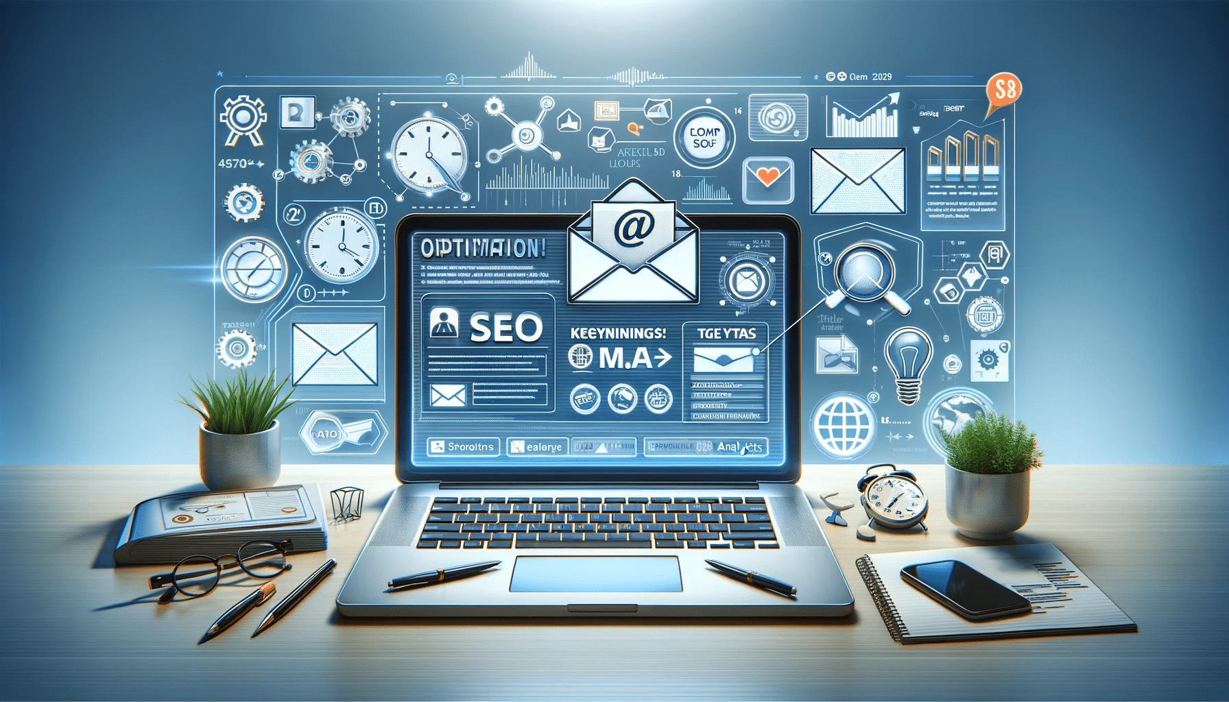 Optimización del correo electrónico para SEO con íconos de palabras clave, metaetiquetas y analíticas, mostrando prácticas óptimas como líneas de asunto atractivas y contenido de alta calidad | Posiciona.Digital