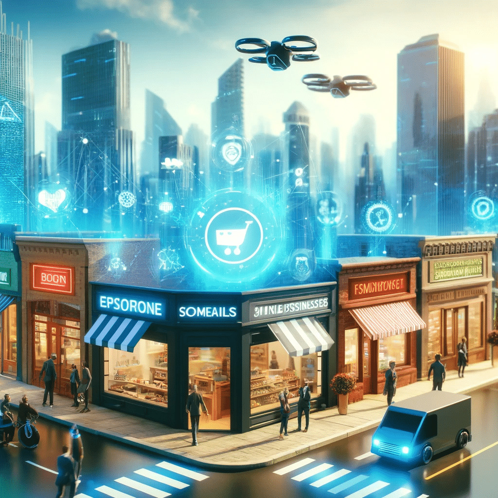 Ciudad futurista con negocios y IA integrada. Inteligencia artificial datos clientes potenciales modelos tienda | Posiciona.Digital