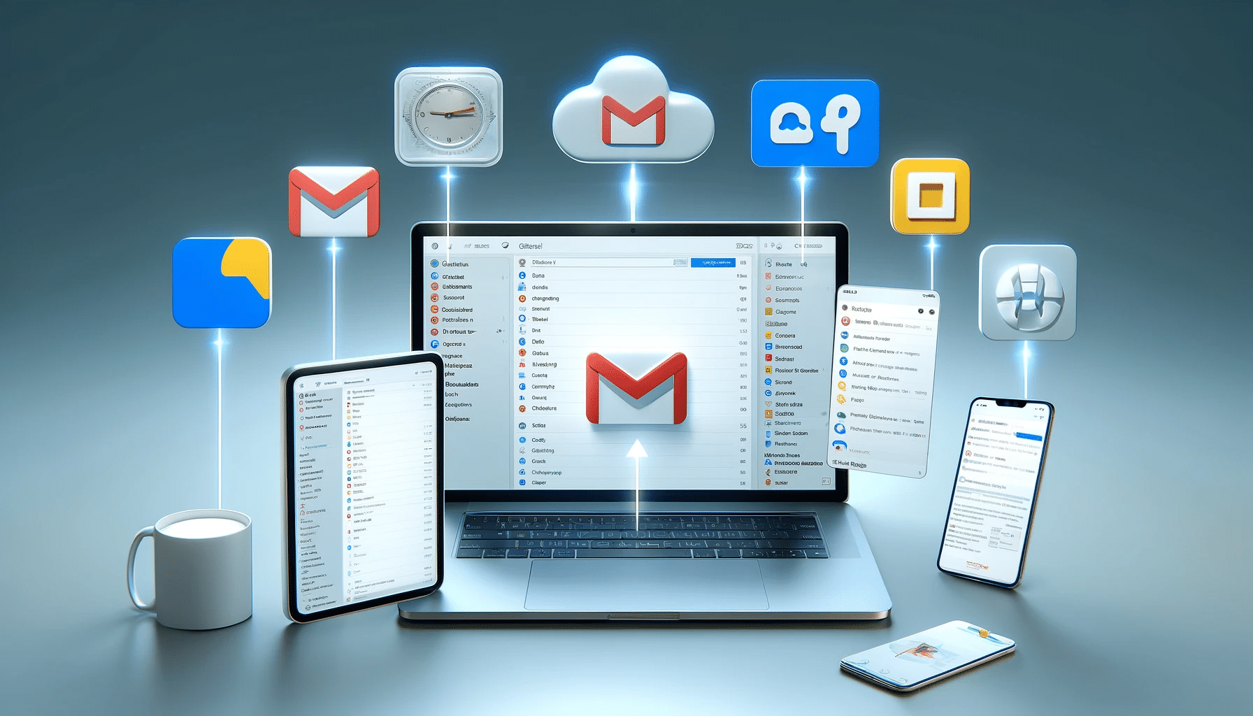 Interfaz de Gmail abierta en una computadora portátil, una tablet y un teléfono inteligente, mostrando la bandeja de entrada con iconos de Google Meet, Google Calendar y Google Drive. | Posiciona.Digital