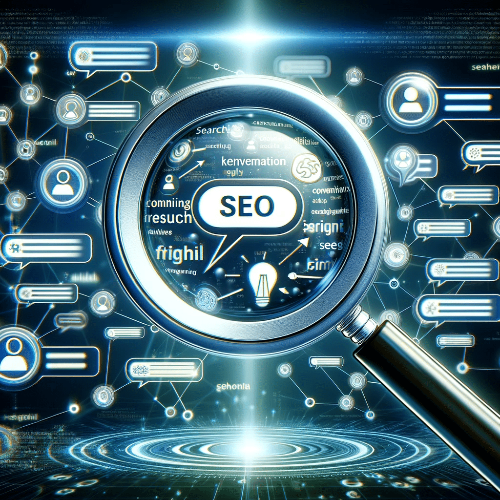 Lupa enfocando burbuja de conversación SEO. Inteligencia artificial redes sociales y comercio electrónico  | Posiciona.Digital