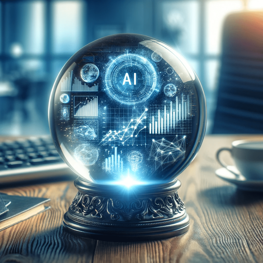 Bola de cristal con predicciones AI en oficina. Herramientas de inteligencia artificial Inteligencia artificial datos clientes potenciales toma de decisiones | Posiciona.Digital