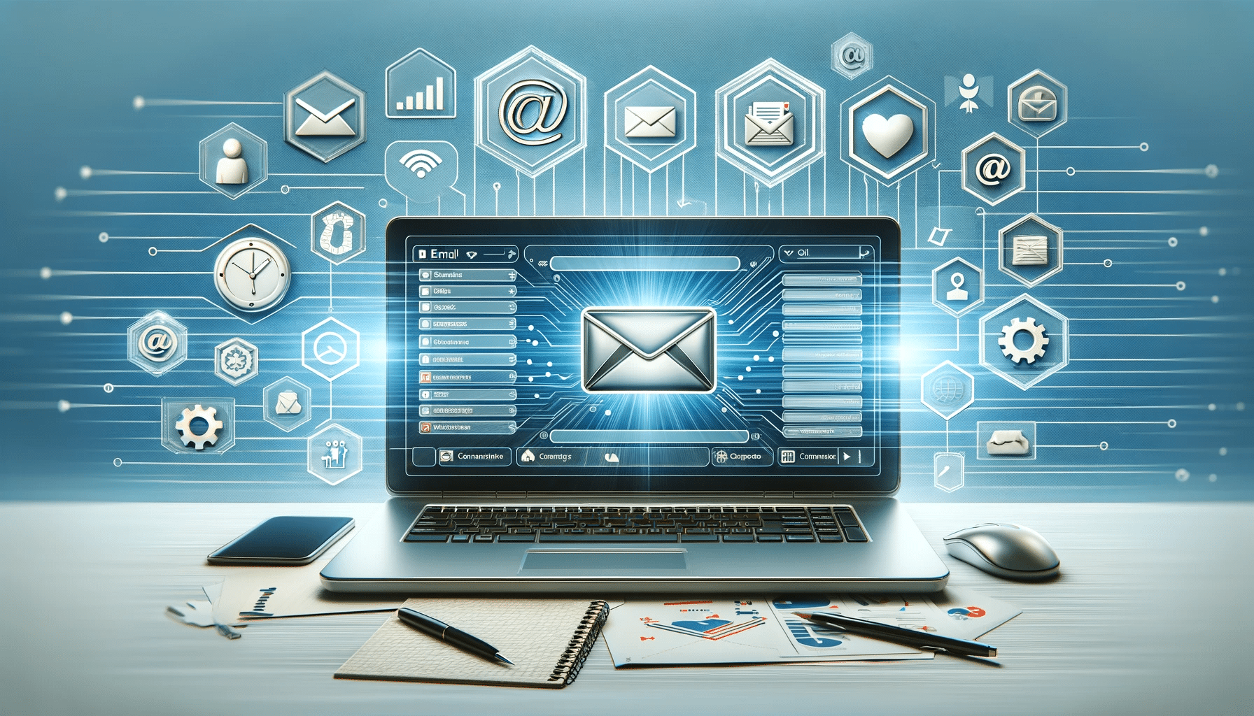 Elementos representando la comunicación por correo electrónico, con una laptop mostrando la bandeja de entrada, íconos de eficiencia y productividad, y visuales de conectividad y velocidad | Posiciona.Digital