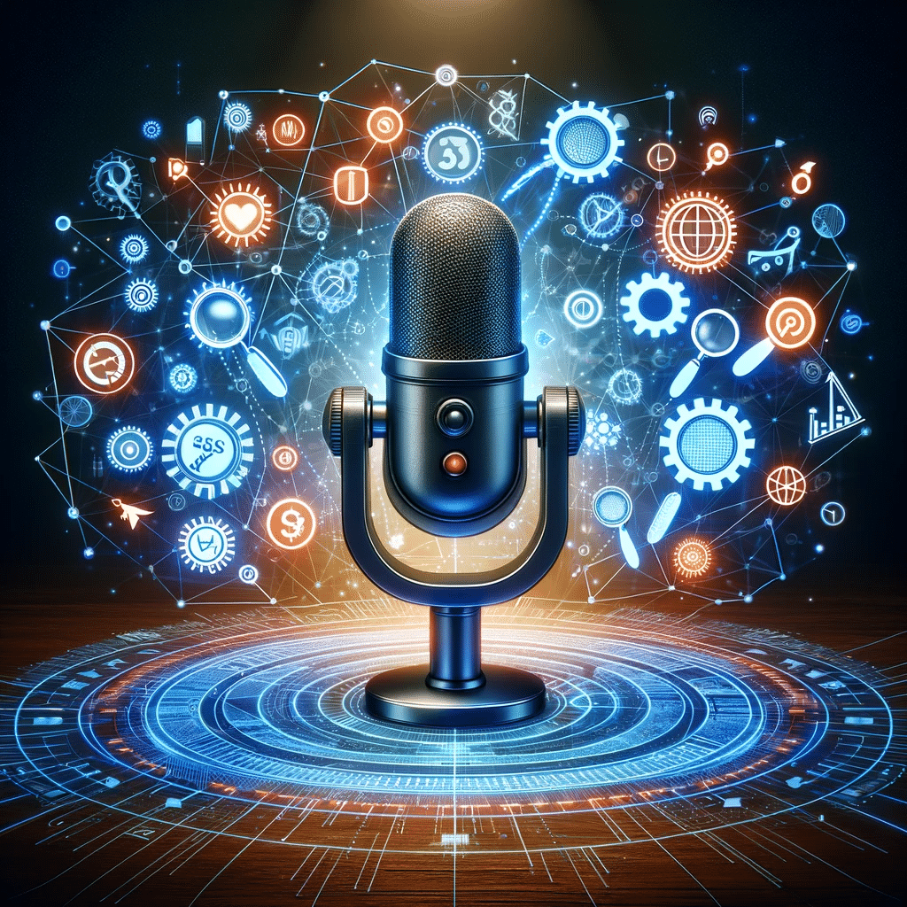 Micrófono digital y iconos SEO en estilo abstracto | Posiciona.Digital
