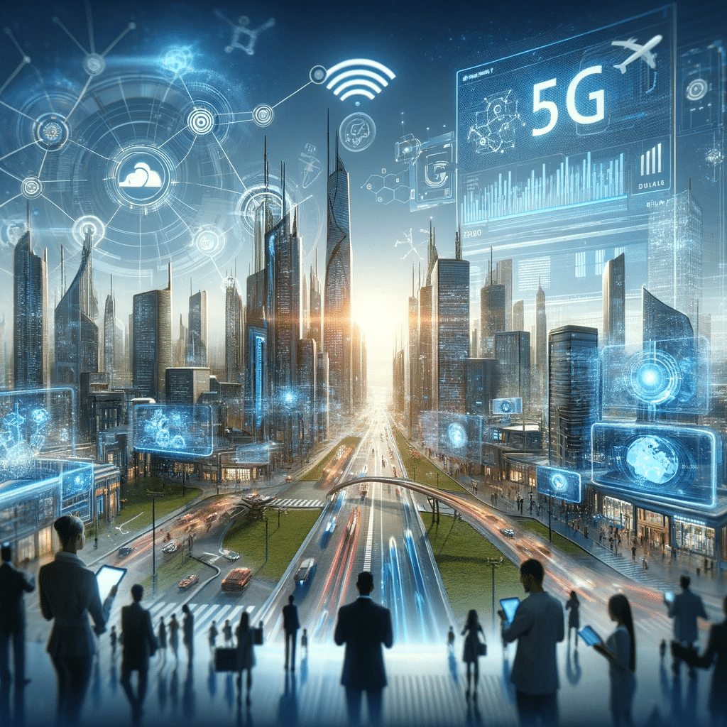 Ciudad futurista simboliza el futuro del SEO con 5G. Empresas marketing aplicaciones novedades redes y smartphones ciudades y salto Consumidor de marketing internet de las cosas sector de generación conexión big data | Posiciona.Digital