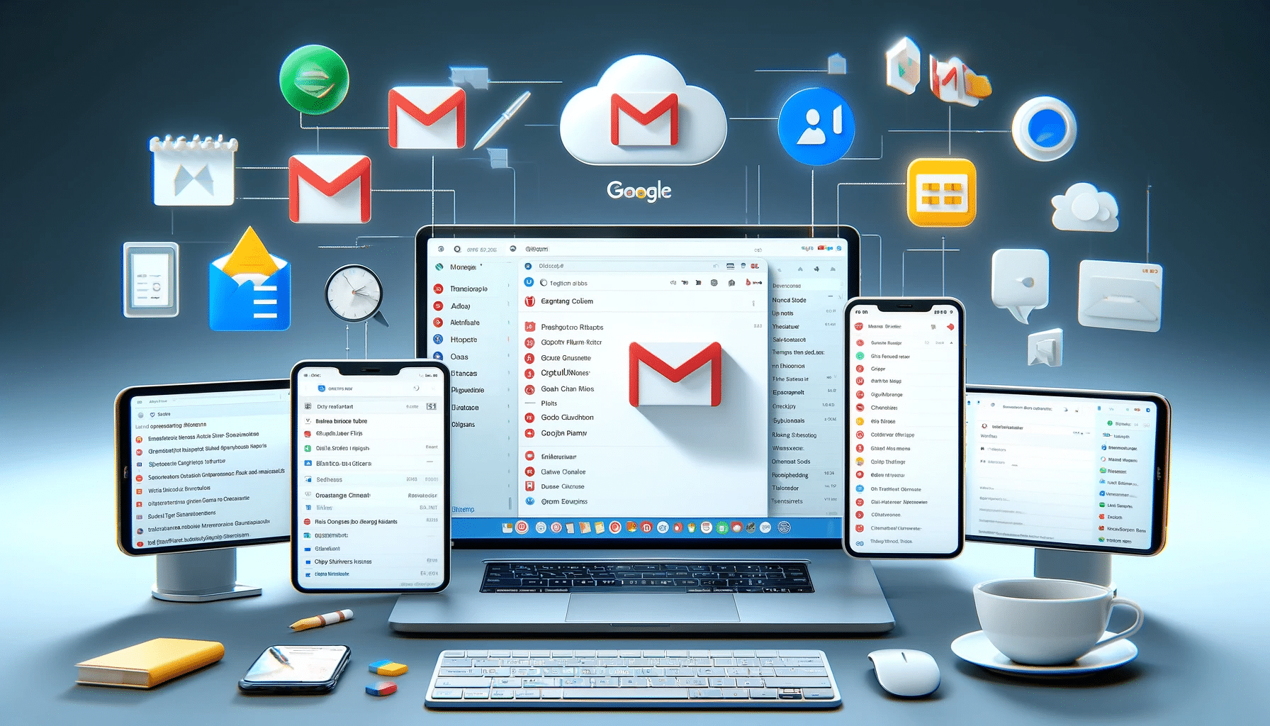 Interfaz de Gmail abierta en una computadora portátil, una tablet y un teléfono inteligente, mostrando la bandeja de entrada con iconos de Google Meet, Google Calendar, Google Drive, Google Docs, Google Sheets y Google Slides. | Posiciona.Digital
