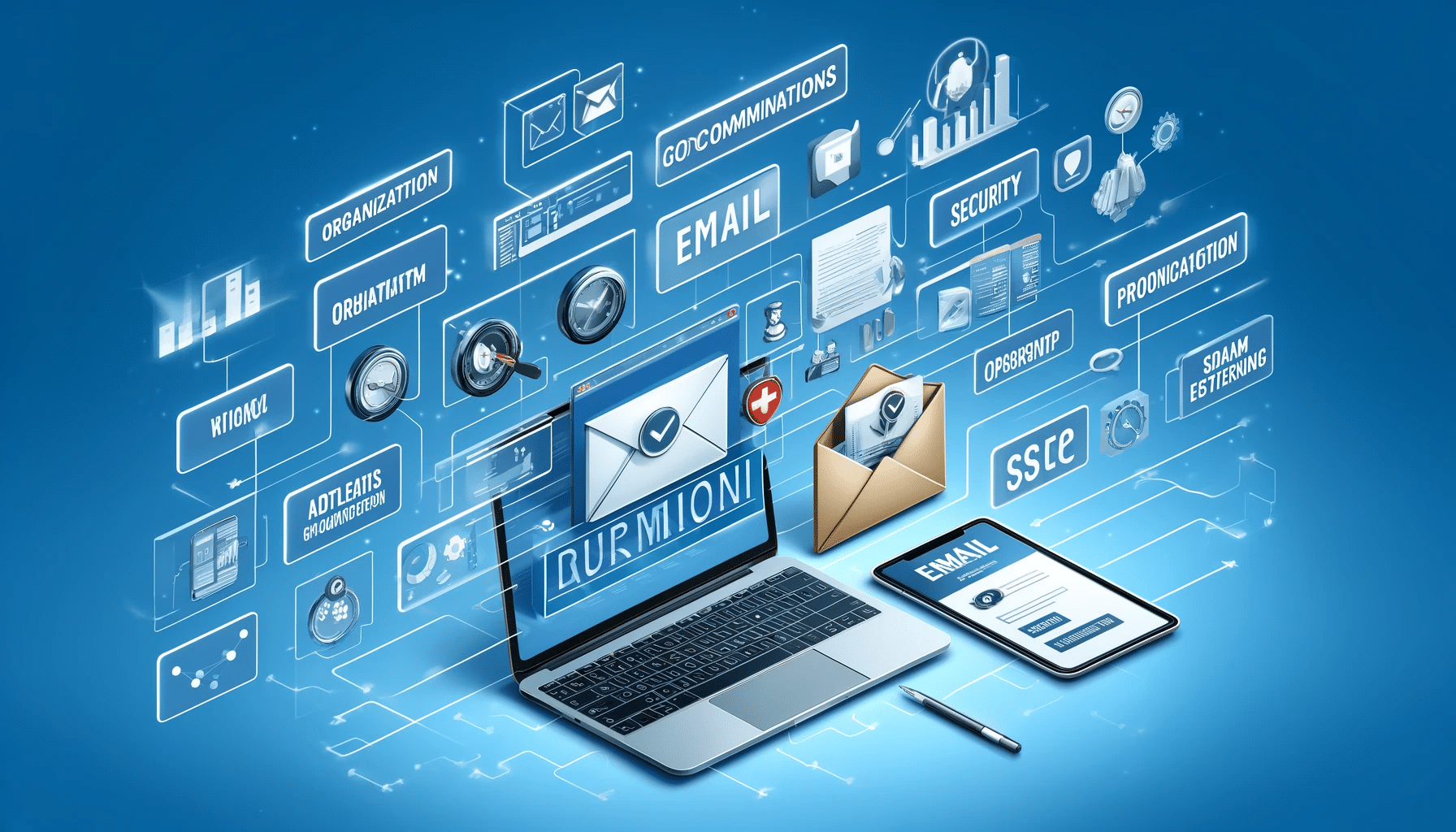 Conclusiones y recomendaciones para el uso efectivo del correo electrónico, con una laptop y una tablet mostrando la bandeja de entrada, íconos de mejores prácticas como organización, seguridad, optimización SEO y filtrado de spam | Posiciona.Digital