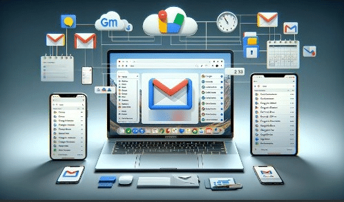 Interfaz de Gmail abierta en una computadora portátil, una tablet y un teléfono inteligente, mostrando la bandeja de entrada con iconos de Google Meet, Google Calendar, Google Drive, Google Docs, Google Sheets y Google Slides.  | Posiciona.Digital