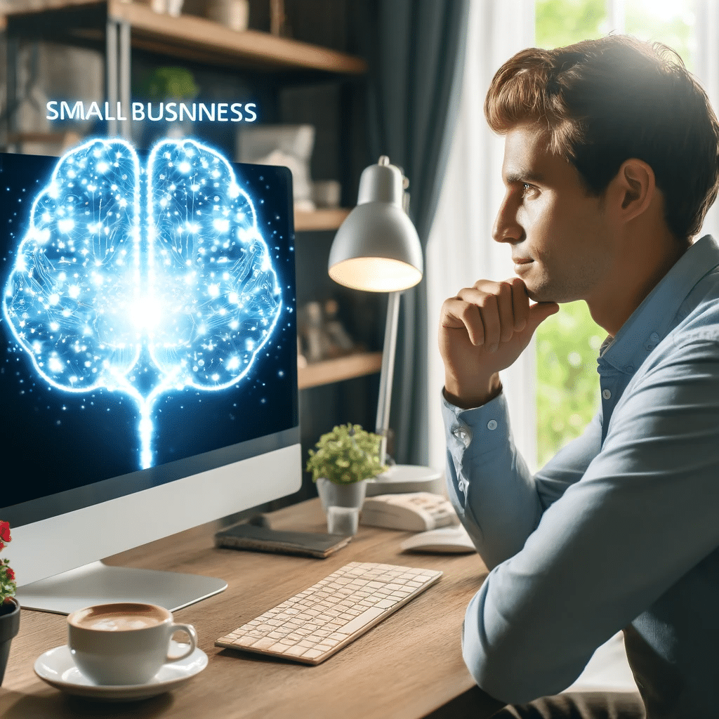 Empresario observando cerebro AI brillante en pantalla | Posiciona.Digital