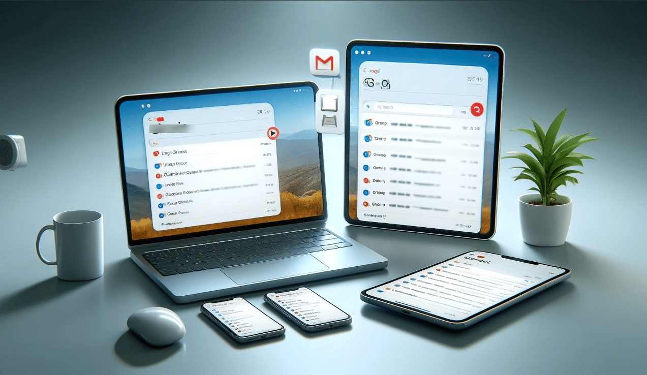 Interfaz de Gmail abierta en una computadora portátil, una tablet y un teléfono inteligente, mostrando la bandeja de entrada con iconos de Google Meet y Google Calendar | Posiciona.Digital