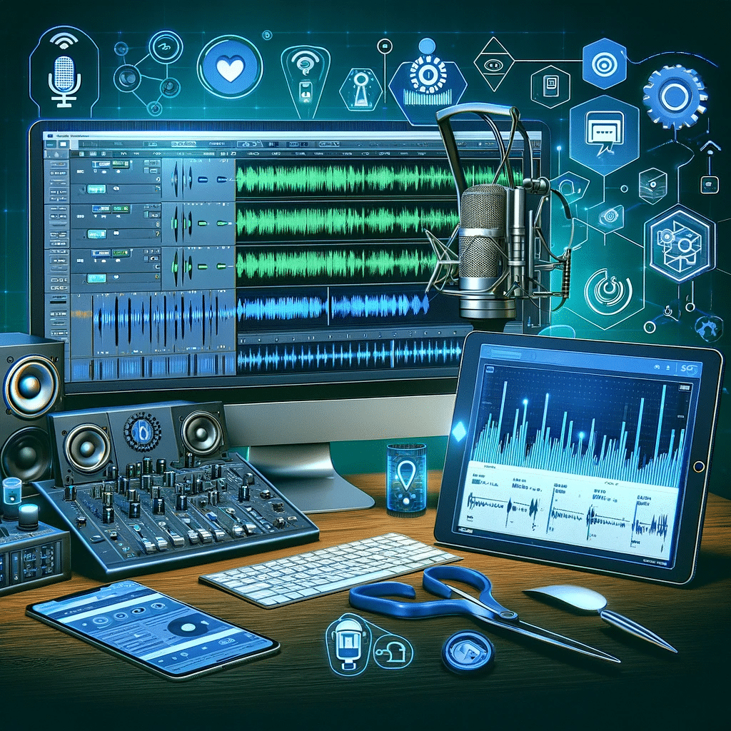 Estación de trabajo de audio digital con herramientas. Formato de tu marca en plataformas audio SEO | Posiciona.Digital