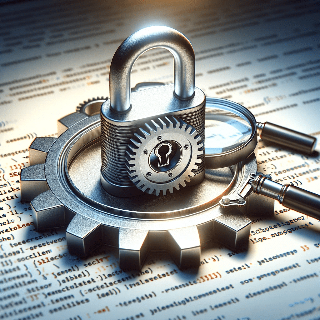 Candado, engranaje y lupa sobre página web simbolizando seguridad y SEO | Posiciona.Digital