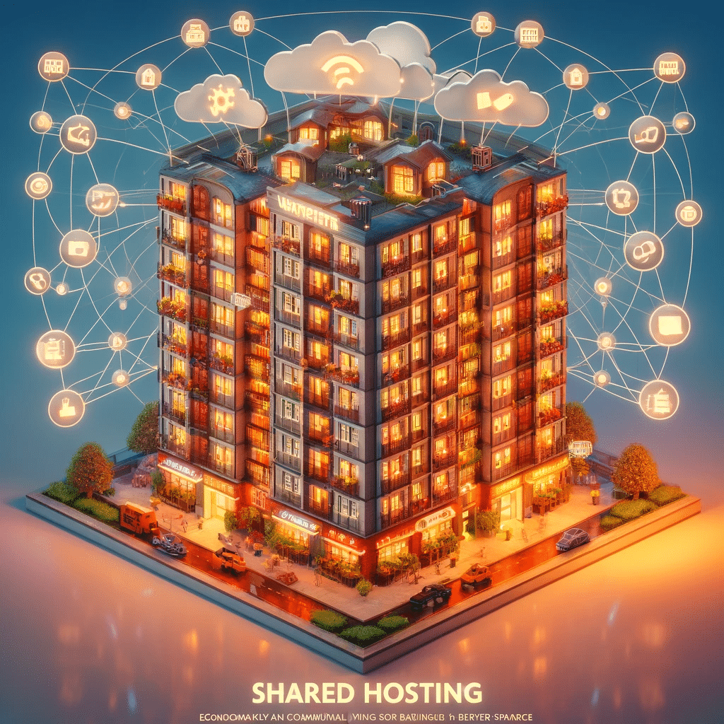 Edificio representando hosting compartido económico. Servicio de alojamiento en bases de datos, copias de seguridad automáticas. | Posiciona.Digital
